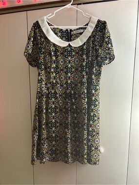 Sunny Girl Black Floral Mosaic Dress with White Collar